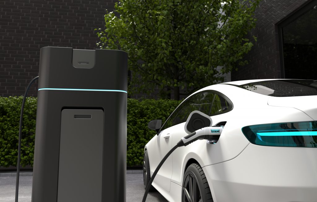 Electric car charging at home, Clean energy filling technology.
